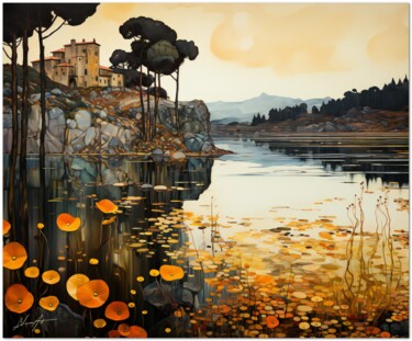 Digital Arts titled "Lago Fiorito" by Andrea La Martina (NEXA ART), Original Artwork, Digital Collage Mounted on Wood Stretc…
