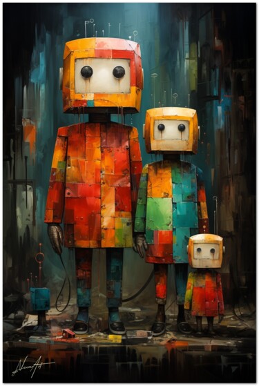 "Famiglia Robotica" başlıklı Dijital Sanat Andrea La Martina (NEXA ART) tarafından, Orijinal sanat, Dijital Kolaj Ahşap Sedy…