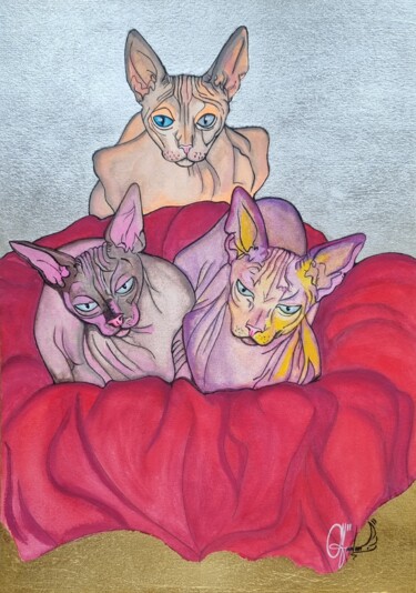 Ζωγραφική με τίτλο "“Sphynx cats”" από Andrea Moreno, Αυθεντικά έργα τέχνης, Ακουαρέλα