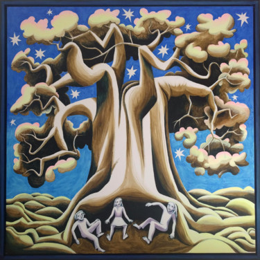 Blue Motherhood Tree Malerei mit dem Titel "Blue Motherhood Tree" von Andrea Riegler, Original-Kunstwerk, Acryl