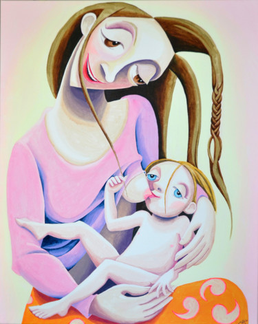 Malerei mit dem Titel "Stillende mit Zopf" von Andrea Riegler, Original-Kunstwerk, Acryl