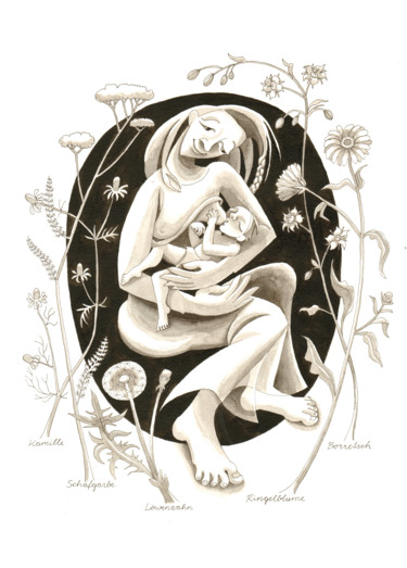 Dessin intitulée "Stillende Mutter mi…" par Andrea Riegler, Œuvre d'art originale, Encre