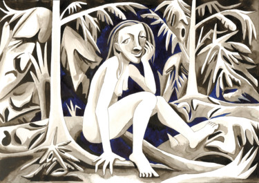 Dessin intitulée "Frau im Wald, Melan…" par Andrea Riegler, Œuvre d'art originale, Encre