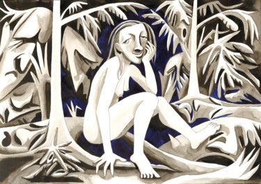 Frau im Wald, Melancholie Dessin intitulée "Frau im Wald, Melan…" par Andrea Riegler, Œuvre d'art originale, Encre