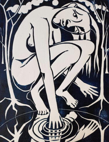 Gravures & estampes intitulée "Melancholie" par Andrea Riegler, Œuvre d'art originale, Xylographie