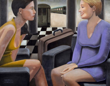 Painting titled "AT THE STATION" by Andrea Vandoni, Original Artwork, Tempera Mounted on Wood Panel