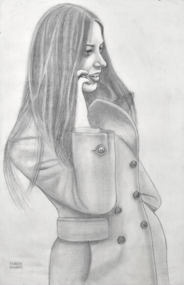 Drawing titled "GIRL ON THE PHONE" by Andrea Vandoni, Original Artwork, Graphite