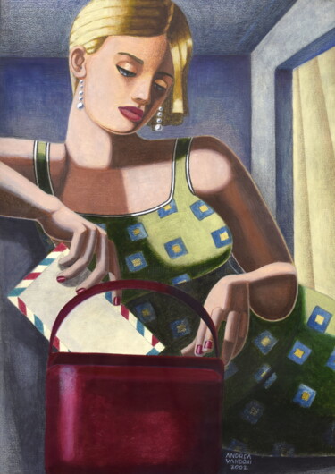 Painting titled "GIRL WITH MAIL" by Andrea Vandoni, Original Artwork, Tempera Mounted on Cardboard