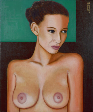 Painting titled "BUST OF A NAKED GIRL" by Andrea Vandoni, Original Artwork, Oil Mounted on Wood Stretcher frame