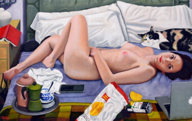 Painting titled "The Laziness" by Andrea Vandoni, Original Artwork, Oil Mounted on Wood Stretcher frame