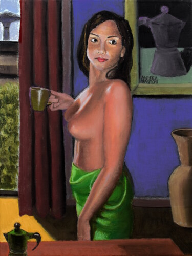 Painting titled "The Coffee - 2" by Andrea Vandoni, Original Artwork, Oil Mounted on Wood Stretcher frame