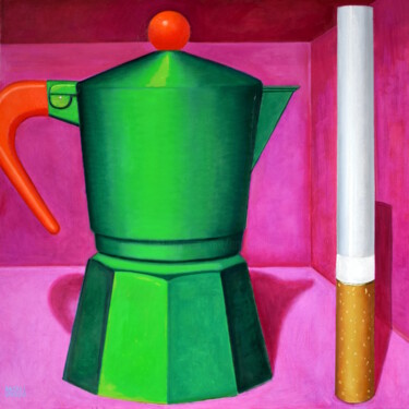 Painting titled "Coffee and Cigarett…" by Andrea Vandoni, Original Artwork, Oil Mounted on Wood Stretcher frame