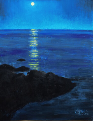 Painting titled "The Moon And The Sea" by Andrea Vandoni, Original Artwork, Acrylic