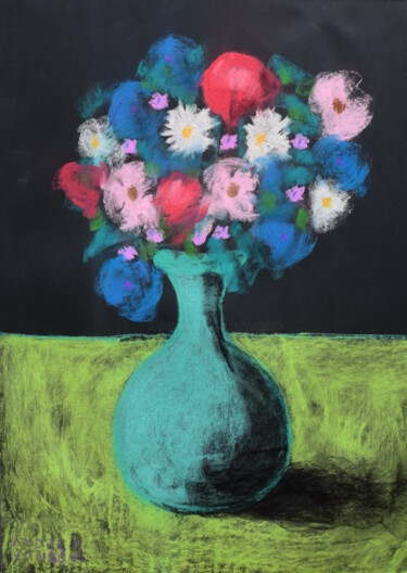 Drawing titled "VASE OF FLOWERS - S…" by Andrea Vandoni, Original Artwork, Pastel Mounted on Cardboard
