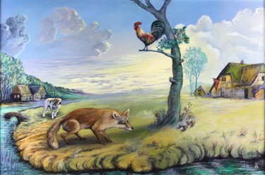Pittura intitolato "Il gallo e la volpe" da Andrea Canale, Opera d'arte originale, Olio