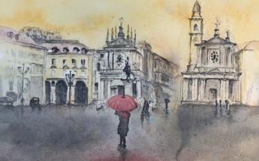 Peinture intitulée "Piazza San Carlo" par Andrea Caruso, Œuvre d'art originale, Aquarelle