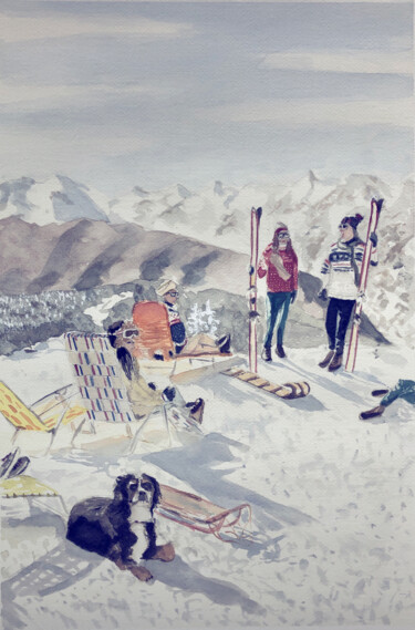 Peinture intitulée "Ski Resort 1979" par Andrea Caruso, Œuvre d'art originale, Aquarelle