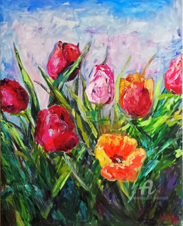 Painting titled "Wild Tulips" by Andy Gakova, Original Artwork, Oil