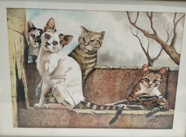Ζωγραφική με τίτλο "Γάτες - Cats" από Ανδρέας Ανατολιτης, Αυθεντικά έργα τέχνης, Ακουαρέλα