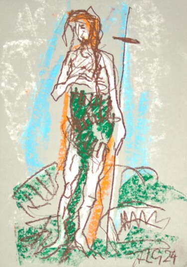 Drawing titled "Der Hirte" by Andreas Loeschner-Gornau, Original Artwork, Chalk