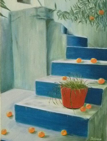 Peinture intitulée "escalier crétois" par Andrée Schiano Di Cola, Œuvre d'art originale, Huile Monté sur Châssis en bois