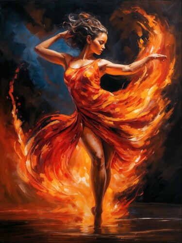 Digital Arts titled "A dance with fire" by Andreea Dobos, Original Artwork, AI generated image Mounted on Aluminium