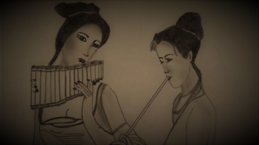 Dessin intitulée "geishas-et-musique.…" par Andrée Mercier, Œuvre d'art originale, Crayon