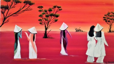 Painting titled "etudiantes-asiatiqu…" by Andrée Mercier, Original Artwork, Acrylic