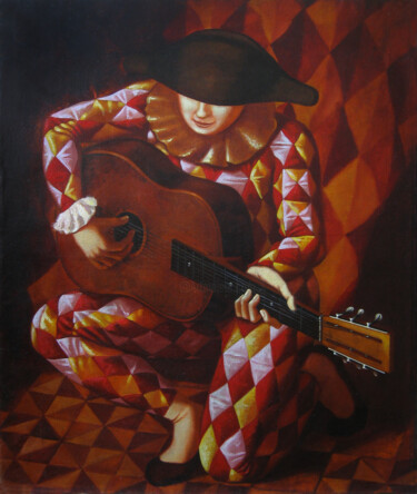 Painting titled "Harlequin with guit…" by Andrei Buryak, Original Artwork, Oil