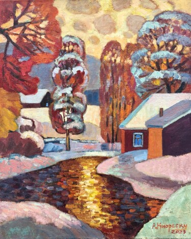 Painting titled "First snow" by Andrei Kioresku, Original Artwork, Oil