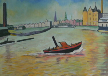 Peinture intitulée ""Port of Hamburg"" par Andrei Klenov, Œuvre d'art originale, Huile