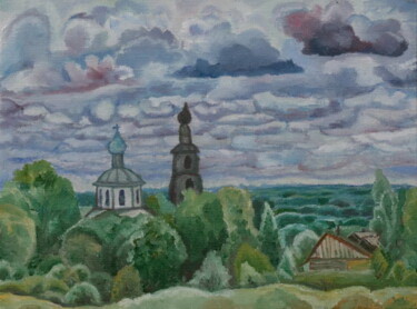 Painting titled "Restored church (et…" by Andrei Klenov, Original Artwork, Oil