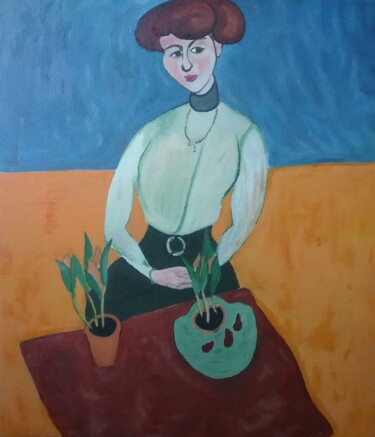 Painting titled "Girl with tulips" by Andrei Klenov, Original Artwork, Oil