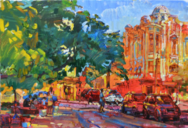 Painting titled "Cityscape" by Andrei Kutsachenko, Original Artwork, Oil Mounted on Wood Stretcher frame