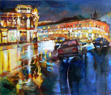 Painting titled "lights of city" by Andrei Kutsachenko, Original Artwork, Oil Mounted on Wood Stretcher frame