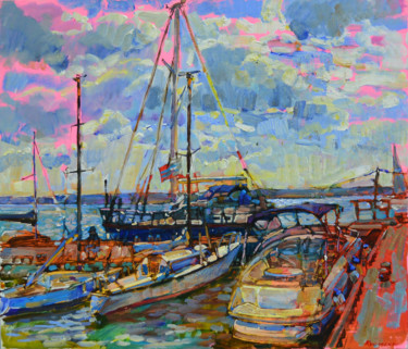 Malarstwo zatytułowany „seascape with boats” autorstwa Андрей Куцаченко, Oryginalna praca, Olej Zamontowany na Drewniana ram…