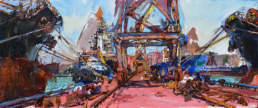 Painting titled "ships in the dock" by Andrei Kutsachenko, Original Artwork, Oil Mounted on Wood Stretcher frame