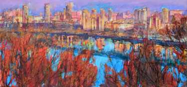 Painting titled "Modern citiscape sp…" by Andrei Kutsachenko, Original Artwork, Oil Mounted on Wood Stretcher frame