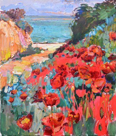 Painting titled "Poppies by the sea,…" by Andrei Kutsachenko, Original Artwork, Oil Mounted on Wood Stretcher frame