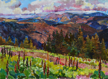 Panorama of mountains, summer Peinture intitulée "Panorama of mountai…" par Андрей Куцаченко, Œuvre d'art originale, Huile