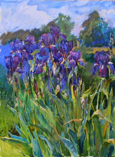 Painting titled "Irises-flowers" by Andrei Kutsachenko, Original Artwork, Oil Mounted on Wood Stretcher frame