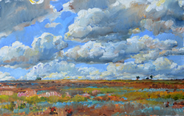 Painting titled "Sky clouds, steppe" by Andrei Kutsachenko, Original Artwork, Oil Mounted on Wood Stretcher frame