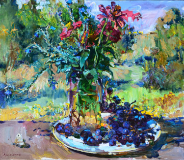 Peinture intitulée "Still life grape an…" par Andrei Kutsachenko, Œuvre d'art originale, Huile