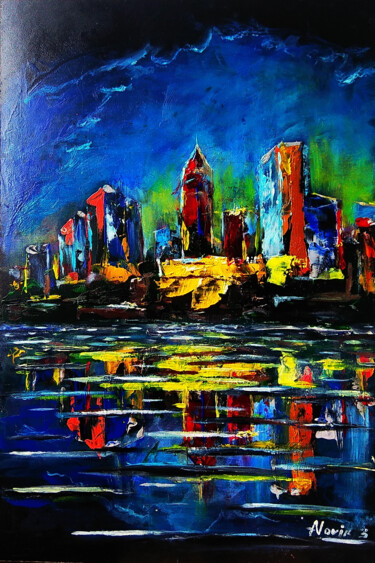 Painting titled "CityTriptih 1" by Andrei Novik, Original Artwork, Acrylic Mounted on Wood Stretcher frame