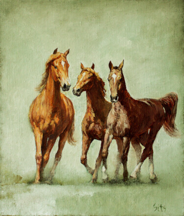 Painting titled "Horses" by Andrei Sitsko, Original Artwork, Oil Mounted on Wood Stretcher frame