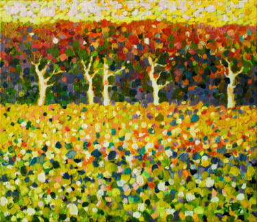 Painting titled "Apple orchard V" by Andrei Sitsko, Original Artwork, Oil Mounted on Wood Stretcher frame