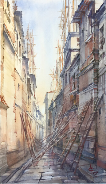 Painting titled "The street for brea…" by Andrei Svistunov, Original Artwork, Watercolor