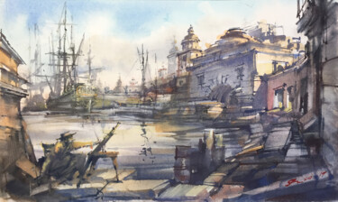 Schilderij getiteld "Open-air On Pier" door Andrei Svistunov, Origineel Kunstwerk, Aquarel