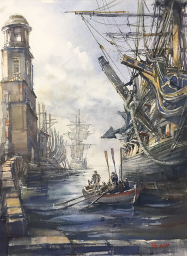 Peinture intitulée "Scene in port" par Andrei Svistunov, Œuvre d'art originale, Aquarelle