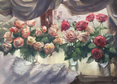Malerei mit dem Titel "Roses on the window" von Andrei Svistunov, Original-Kunstwerk, Aquarell